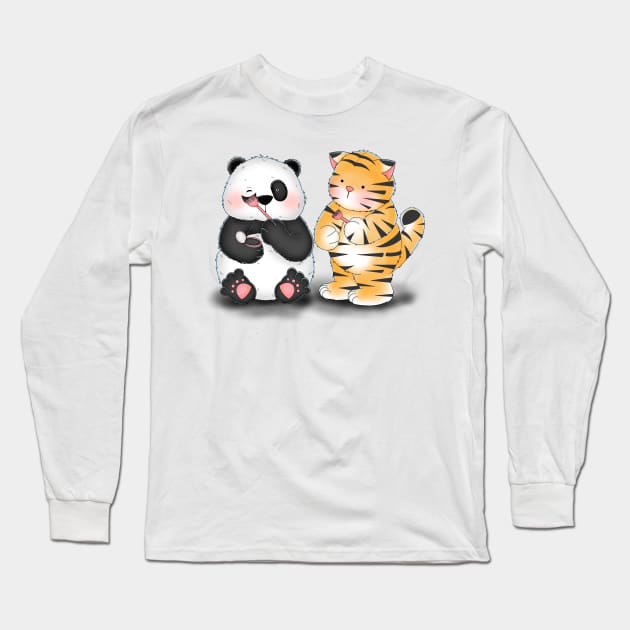 Panda And Cat Paint Their body Long Sleeve T-Shirt by Athikan